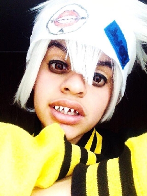 Mya in 2016, testing wig, headband, contacts, teeth, and jacket for Soul Evans from Soul Eater